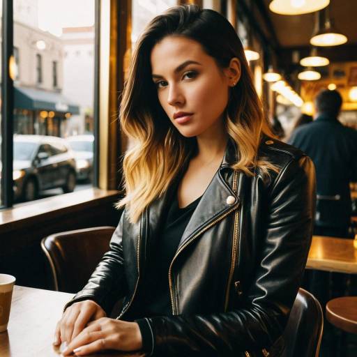 Woman with Ombre Hair in Leather Jacket at Cafe