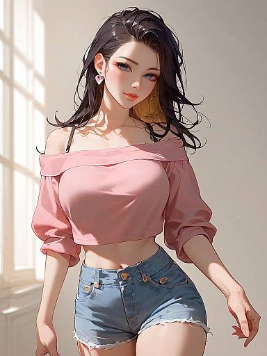 Stylish Woman in Pink Crop Top and Denim Shorts