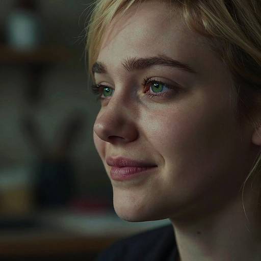 Close-up photograph of a blonde woman with fair skin and green eyes, smiling gently with subtle makeup, against a blurred dark background.