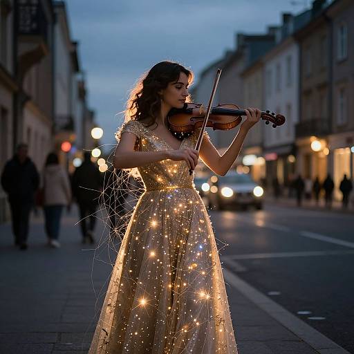 Photograph of a woman in a glowing, star-embellished gown playing violin on a dimly lit, bustling evening street.