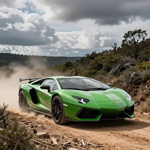 Photograph of a sleek, green Lamborghini Aventador speeding through a dusty, rocky desert landscape under a dramatic, cloudy sky.