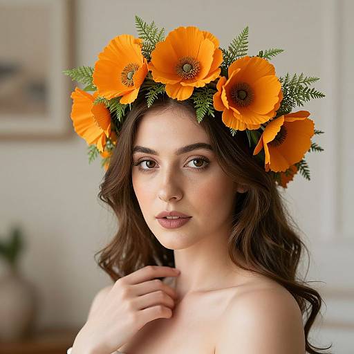 Photograph of a fair-skinned woman with wavy brown hair, wearing a vibrant orange poppy flower crown, posing with a neutral expression, bare