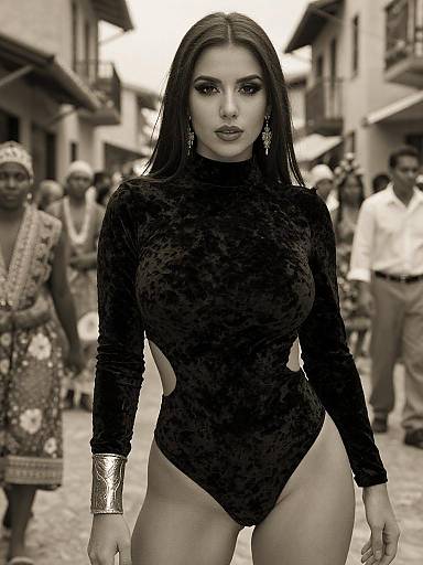 Photograph of a confident, dark-haired woman in a black velvet, high-cut, long-sleeve bodysuit, standing in a blurred,