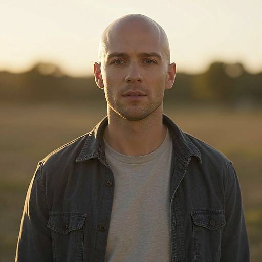 Photograph of a bald, fair-skinned man with a serious expression, wearing a gray t-shirt and dark denim jacket, set against a sunlit