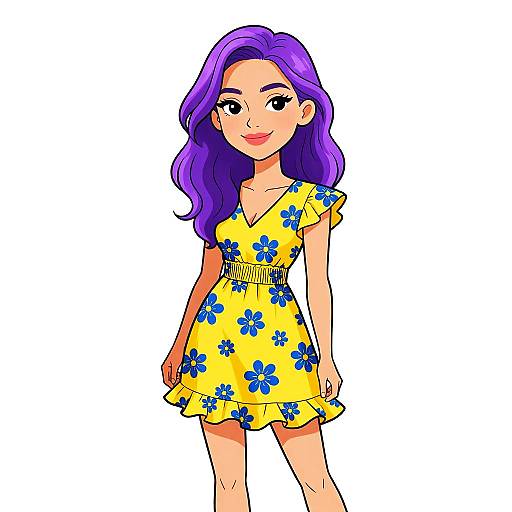 Digital illustration of a smiling woman with long purple hair, wearing a yellow floral dress with blue flowers, standing against a white background.