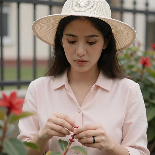 Close-Up of Woman Amidst Greenery and Flowers