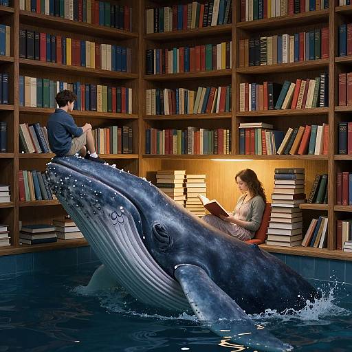 Photorealistic image: Young man in blue shirt sits on giant whale's head in library, woman reads on stacks, bookshelves full. Whale