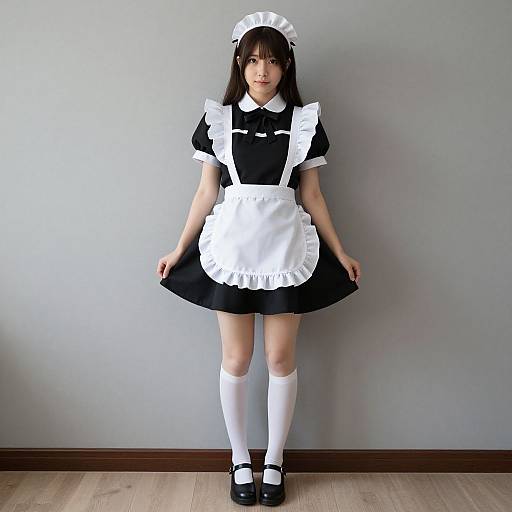 Photograph of an Asian woman in a black and white French maid outfit, standing against a plain gray wall, wearing white knee-high socks and black Mary