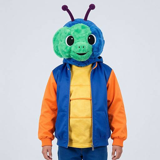 Photograph of a person wearing a colorful alien costume with green head, blue hood, orange and blue vest, yellow shirt, and dark pants, standing
