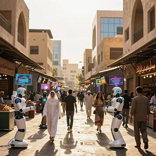 Photograph of a sunlit Middle Eastern street market, featuring people in traditional attire, robotic servers, and neon signs, with arched buildings lining both