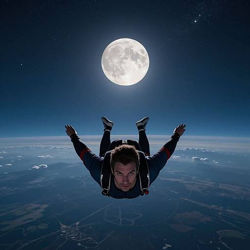 Photograph of a man in a black spacesuit with red accents, arms outstretched, falling towards Earth with a full moon illuminating the star