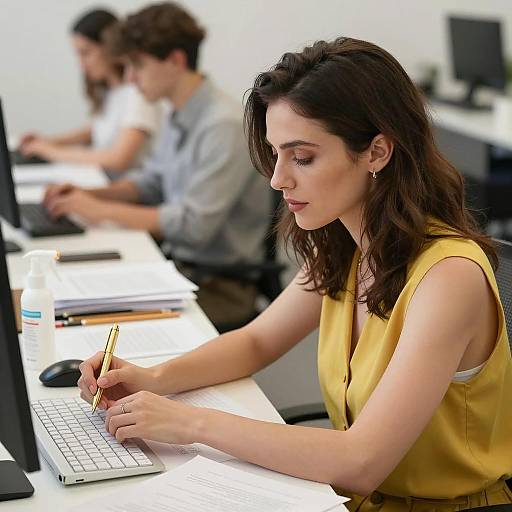 Woman in Yellow Vest Working at Desk