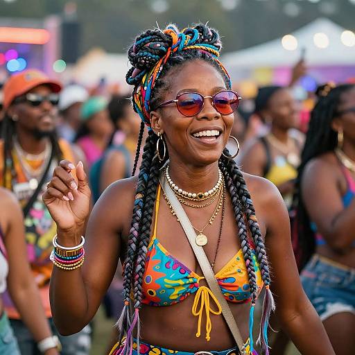 Photograph of a smiling, dark-skinned woman with colorful braids, wearing a vibrant bikini, red sunglasses, and gold jewelry, raising her hand