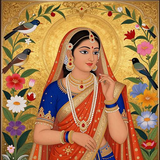 Digital illustration of an Indian bride in traditional red and gold sari, adorned with jewelry, surrounded by colorful flowers and birds, against a golden, orn