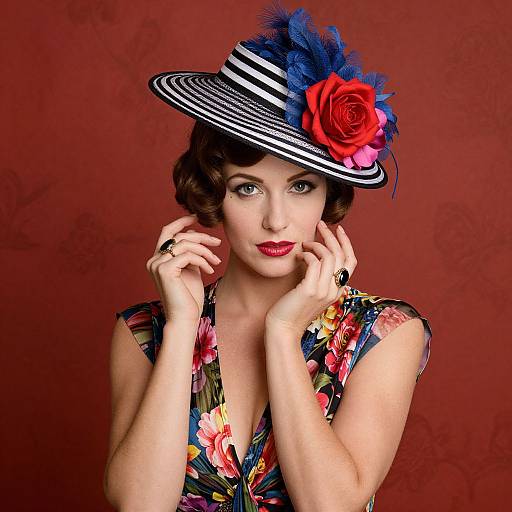 Vintage-styled woman with red lipstick, blue feather and red rose hat, floral dress, against red floral-patterned background, hands gently framing face.