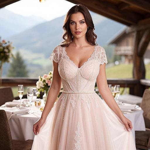 Photograph of a beautiful woman with dark hair in an elegant, lace-trimmed, V-neck, cream-colored wedding dress, standing in a sun