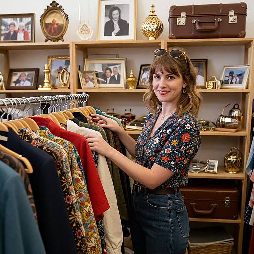 Photograph of a smiling woman with brown hair, wearing a floral blouse and jeans, organizing clothes in a vintage-themed boutique with framed photos and decorative items
