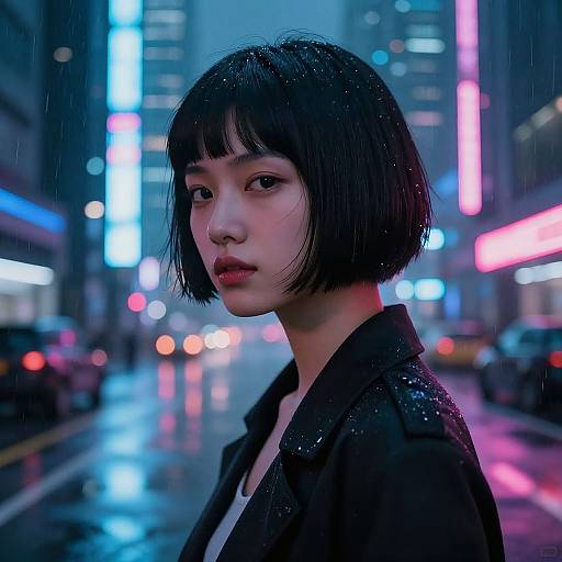 Photograph of an Asian woman with a black bob haircut, wearing a wet black jacket, in a neon-lit, rainy urban street at night.