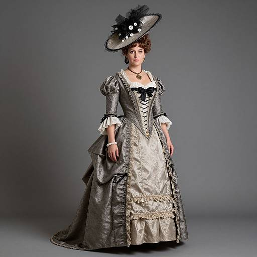 Photograph of a Victorian-era woman in a gray, lace-trimmed, satin dress with a black hat adorned with feathers, standing against a gray