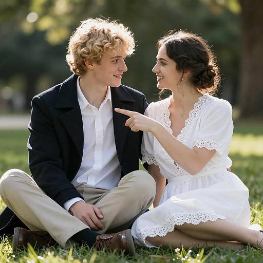 Sunlit Young Couple Sitting on Grass