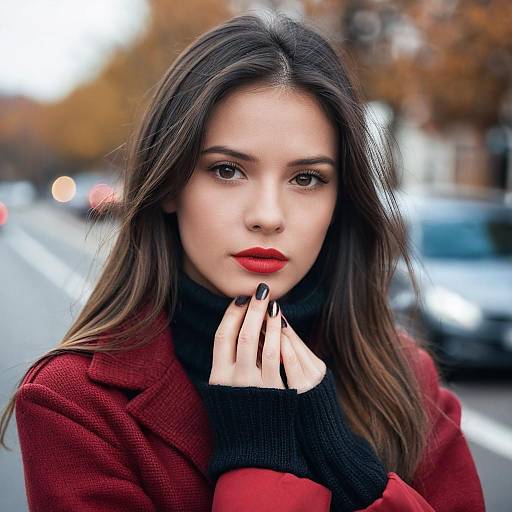 Young Woman in Red Jacket on Street
