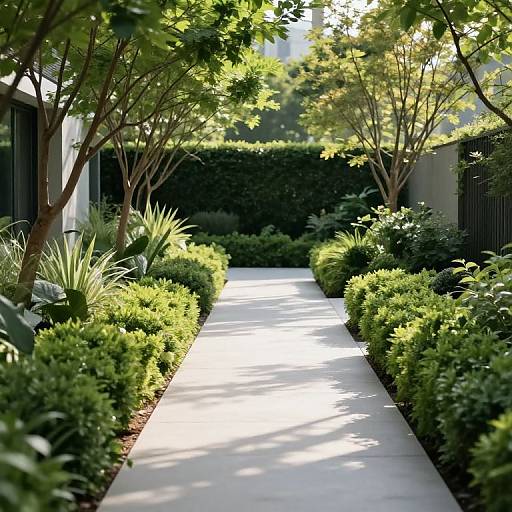 Photograph of a sunlit, narrow garden path lined with lush green bushes, trees, and plants, framed by modern black fences.
