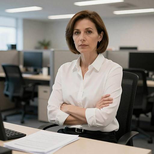 Serious Office Woman in Button-Up Shirt