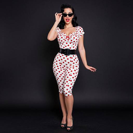 Photograph of a curvy woman with black hair and red lipstick, wearing a white, red heart-patterned dress, black belt, and black heels