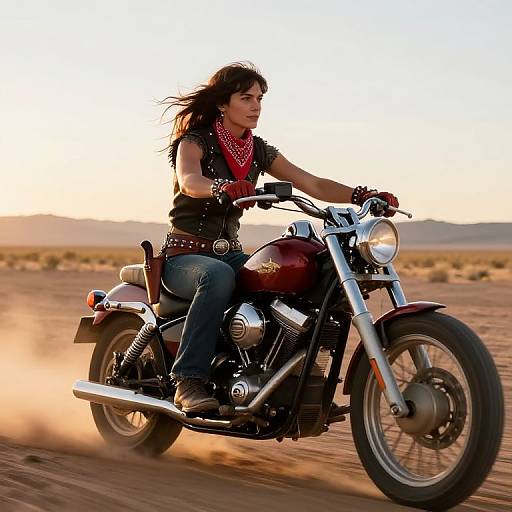 Photograph of a dark-haired woman in a red bandana and black leather vest, riding a maroon motorcycle through a desert at sunset. Dust trails