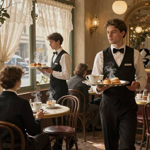 Photograph of three male waiters in black vests and bow ties serving pastries in a sunlit, vintage café with lace curtains.