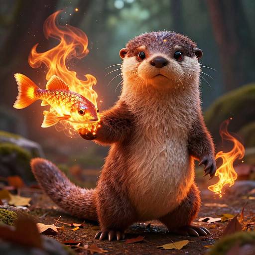 Photorealistic digital art of a fierce, magic-wielding otter standing in a forest, holding a flaming, glowing goldfish in its paw.