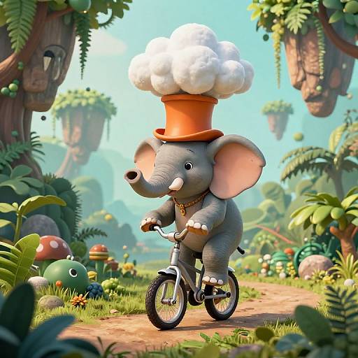 CGI cartoon of a gray baby elephant wearing a giant orange hat and riding a bicycle through a vibrant, fantasy jungle.