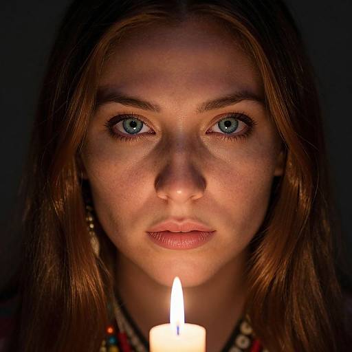 Photograph of a young woman with blue eyes, brown hair, and freckles, illuminated by a single lit candle in front of a dark background