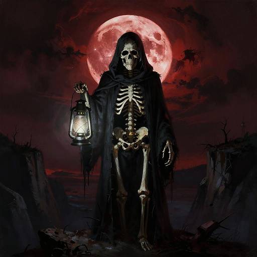 Digital artwork: Grim skeletal figure with hooded black cloak, holding lantern, standing before a blood-red full moon, dark eerie landscape.