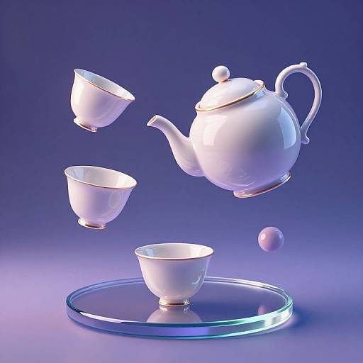 Photograph of floating white porcelain teapot and cups with gold trim, hovering above a glass saucer against a gradient blue background.
