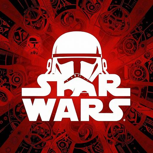Digital artwork: White Star Wars logo with a Stormtrooper helmet, bold text, and red background with intricate black mechanical patterns.