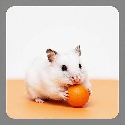 White Hamster Nibbling Orange Ball