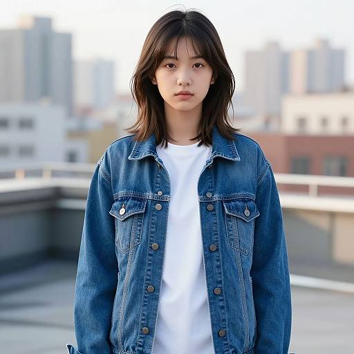 Photograph of a young Asian woman with straight black hair, wearing a blue denim jacket over a white shirt, standing on a rooftop with a blurred urban