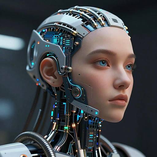 Photorealistic CGI of a young woman with pale skin, blue eyes, and cybernetic enhancements, featuring intricate circuitry and glowing blue lights integrated