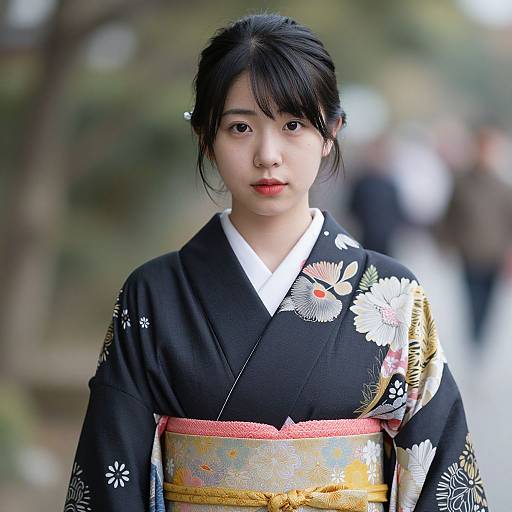 Photograph of an Asian woman with fair skin and black hair in a traditional black kimono with floral patterns, wearing a yellow and red obi,