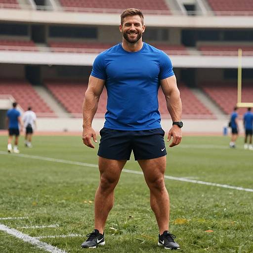 Photograph of a muscular, bearded man with short brown hair, wearing a blue shirt, black shorts, and black sneakers, standing on a green