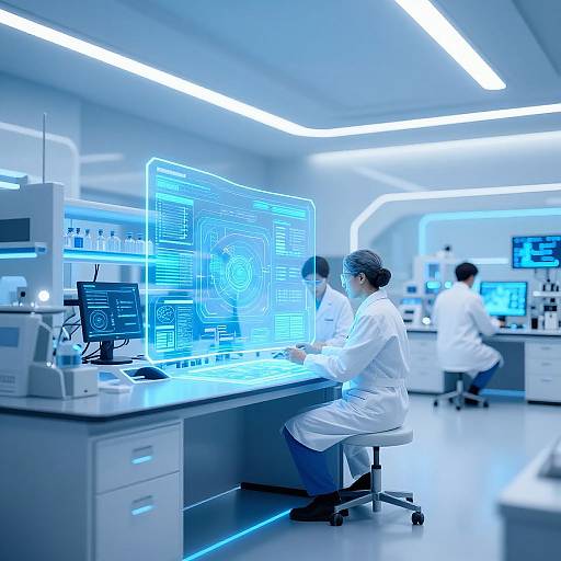 Photograph of a futuristic laboratory with blue-lit computer screens, scientists in white lab coats, and bright fluorescent lighting.