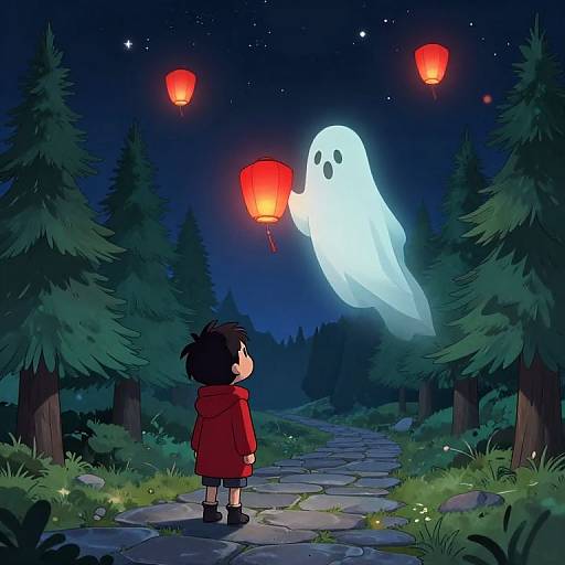 Anime-style illustration: A child in a red coat gazes at a glowing white ghost with black eyes holding a red lantern, amidst a dark forest with