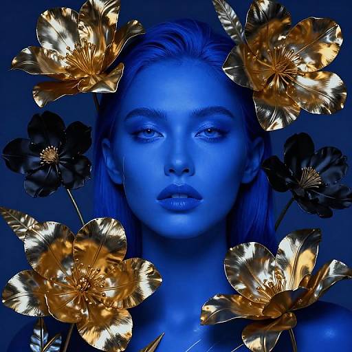 Photograph of a blue-lit woman with golden metallic flowers surrounding her head, creating a surreal, ethereal effect. Dark floral background.