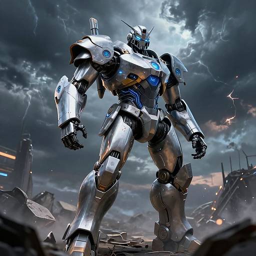 CGI image of a towering, silver robotic warrior with glowing blue accents, standing amidst a ruined cityscape under a stormy, lightning-filled sky.