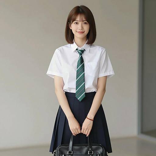 Asian Schoolgirl in Uniform Holding Handbag