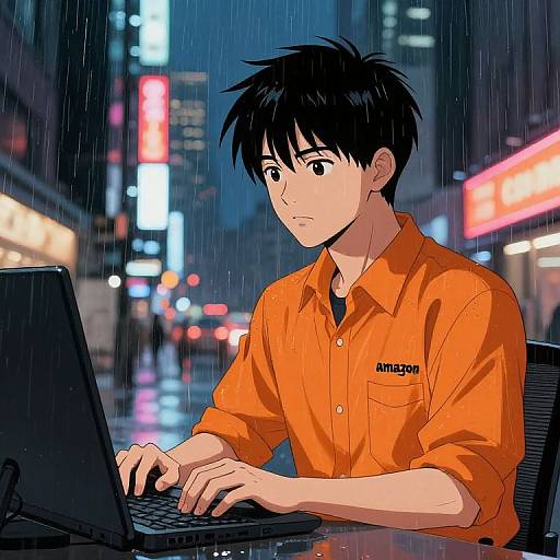 Anime-style digital drawing of a serious young man with black hair, wearing an orange shirt, typing on a laptop in a rainy, neon-lit urban