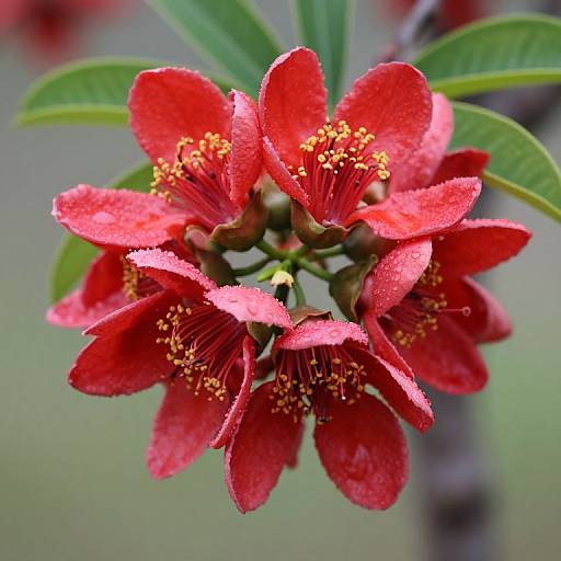 Close-up photograph of vibrant red flowers with yellow stamens, dewdrops on petals, surrounded by green leaves, blurred background.
