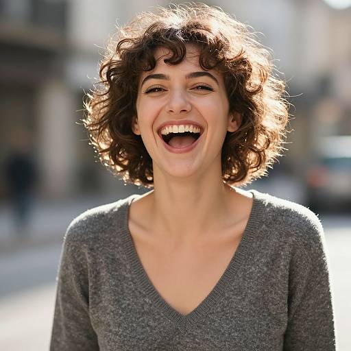 Photograph of a smiling woman with curly brown hair, wearing a gray V-neck sweater, standing outdoors on a sunlit street.