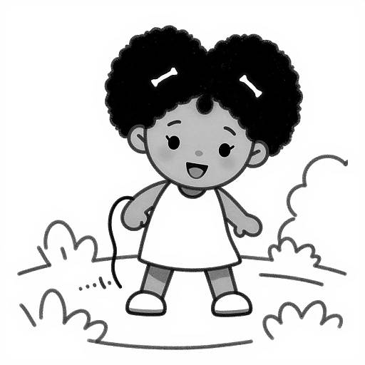 Cartoon drawing of a happy black girl with puffy hair, wearing a white dress and white shoes, standing on grass.